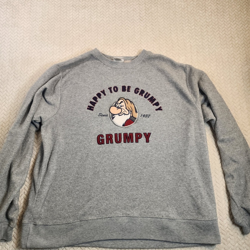 Disney Store Happy To‎ Be Grumpy Fleece Sweatshirt Sz L Gray Vintage
